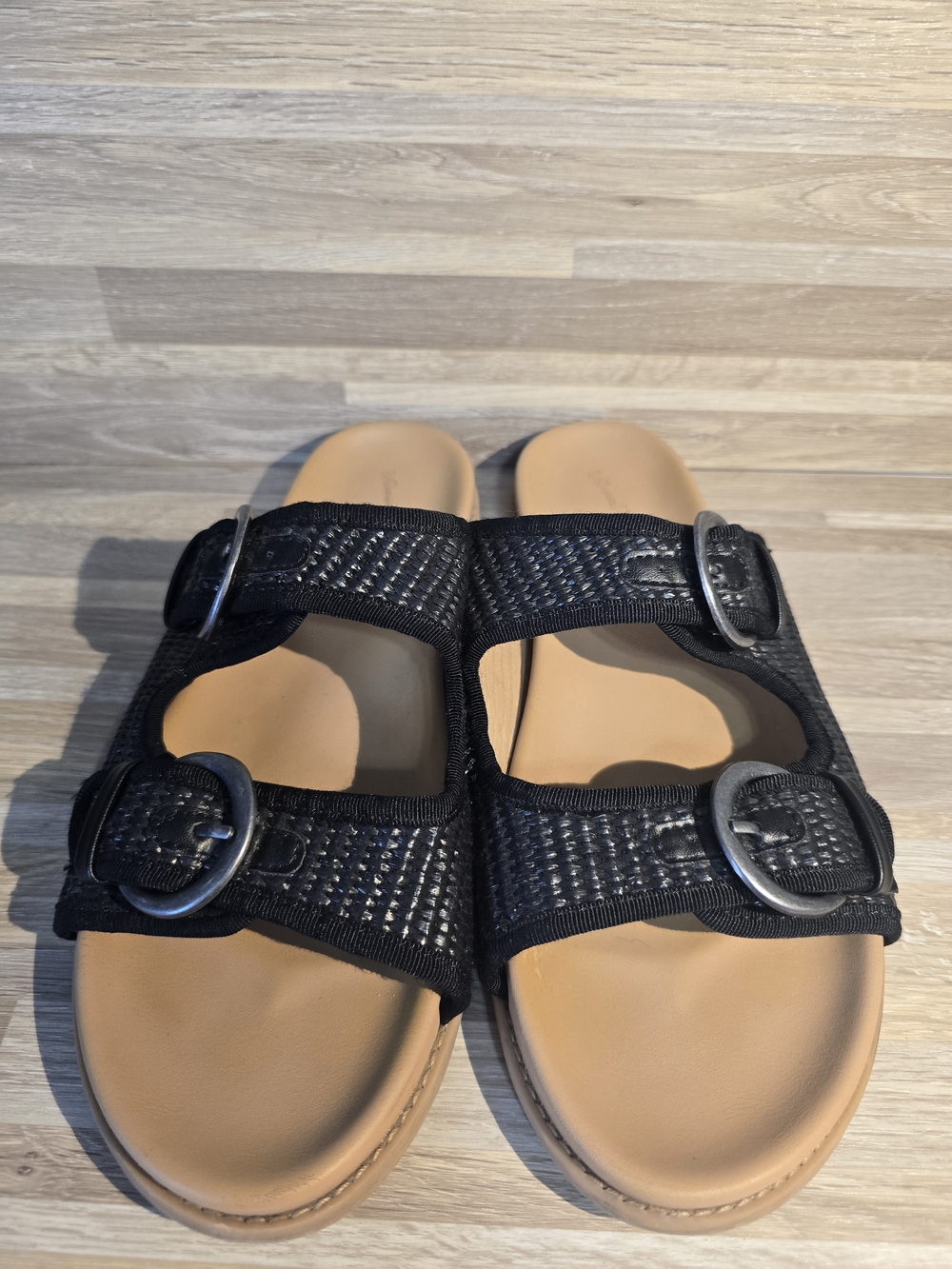 Universal Thread Black Double-Buckle Slide Sandals with Tan Footbed